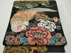 平和屋着物●アンティーク　大正ロマン　六通柄袋帯　本場大島織　花鳥文　黒地　金糸　正絹　逸品　CAAT8200hy