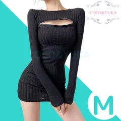 [ COCO&YUKA公式 ] ココアンドユカ 胸開き 胸あき セクシー リブ ニット ミニ ワンピース タイト ジッパー ジップ 長袖 チャック ミニワンピ ミニ丈 タイトワンピース ロング スリーブ ワンピ レディース ブラック M B0DPK8XM71