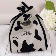 カウ柄 牛柄 ニットバック かぎ針編み ミニ トートバッグ オシャレ 通勤 通学 ママ バッグ 韓国小物