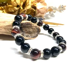 モリオン&レッドタイガーアイ　パワーストーン　ブレスレット　天然石ブレス (シルバー)　10mm　メンズ・レディース 厄除け 金運 お守り  ☆