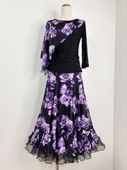 お値下げ 社交ダンスドレス 華やかパープルの花柄 フリーサイズ