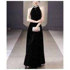 ウェディングドレス パーティードレス 結婚式 披露宴 演奏会 誕生日会 二次会 ホルターネック、パール、エレガント、ブラック、ラメ、ロングドレス