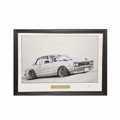 日産 ニッサン スカイライン ハコスカ GTR 2ドア　鉛筆画　名車 旧車 ノスタルジックカー イラスト 絵画 デッサン 絵　A4サイズ   額付き 作者直筆サイン入り 車好き 男性 向け バースデー  退職祝い ギフト バレンタイン プレゼント にも最適