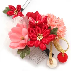 髪飾り ２点セット 赤 つまみ細工 ダリア 成人式 花 和風 浴衣 着物 振袖 袴 ドレス 七五三 子供 結婚式 お呼ばれ 卒業式 入学式 ヘアコーム 髪留め ヘアアクセサリー 大きめ 日本製 送料無料 アカ W 78 324-289 u965　Si