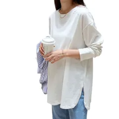 ☆ オフホワイト ☆ S ☆ 長袖Tシャツ クルーネック レディース 体型カバー seh9168 長袖 Tシャツ レディース カットソー ロンT ロングTシャツ トップス 無地 シンプル 後ろが長い 重ね着 綿 USAコットン オーバーサイズ クルーネック