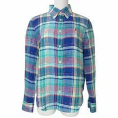 ラルフローレン RALPH LAUREN 美品 2020 マドラスチェック シャツ リネン100% ボタンダウン 長袖 ポニー ワンポイント刺繡 XS ブルー系 グリーン系 X