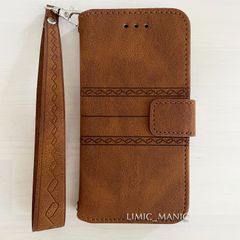 iPhone SE3 SE2 8 7 SE (第2世代/第3世代) ケース 手帳型 スマホ ショルダー カードケース 肩掛け 紐付き ストラップ レザー調 エスニック柄 ブラウン 茶