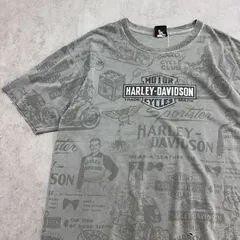 レアデザイン　総柄　Harley Davidson　ハーレーダビッドソン　シールド　トップス　半袖　Tシャツ　古着　総柄　グレー　灰色　L