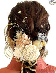 [Kugusa] 髪飾り 袴 卒業式 成人式 結婚式 振袖 和装 七五三 水引 金箔付き アジサイ カスミソウ ドライフラワー 組紐【日本企画】（シャンパン&白&ゴールド）