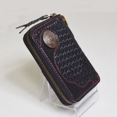 栃木ブラックサドルレザーのラウンドファスナーミドルウォレット159