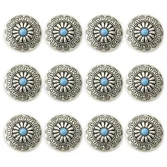 【即日発送】デージー柄 レザークラフト 足つき メタルボタン アクセサリー 30mm ターコイズ 手芸 12個セット ボタン (タイプB) コンチョ