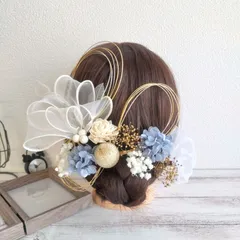 ヘッドドレス 髪飾り＊結婚式 成人式 卒業式 和装 打掛 振袖 袴~ホワイトボリュームリボン ダリア~ブルー 青 20本