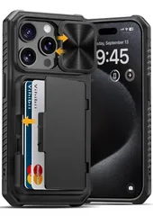 ★Vihibii for iPhone 15 Pro ケース 背面 カード収納 (4枚) スタンド付き カメラレンズ保護 米軍MIL規格取得 カバー 耐衝撃 滑り止め 財布付きアイフォン15 pro スマホケース (ブラック)