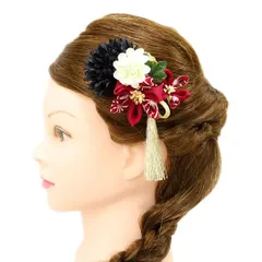 髪飾り 成人式 つまみ細工 赤 振袖 前撮り 袴 花 2点セット 黒 白 ゴールド ちりめん 組紐 房 房付き 麻の葉 和柄 かんざし 日 No.9-4980