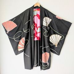 Japanese Vintage Haori Long Black Fan pattern Silk Kimono Jacket Old-ⅽloth 長羽織 羽織 正絹 黒 絵羽織 舞扇柄 古布 時代布 一点物 大正浪漫 和洋折衷
