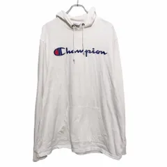 Champion プリント スウェット パーカー XL ホワイト ネイビー レッド チャンピオン ロゴ ポケット 古着卸 アメリカ仕入 a601-5857