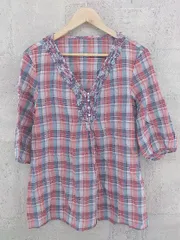 ◇ グリーン チェック 七分袖 ミニ チュニック ワンピース レッド系 ブルー系 *  【1002799776882】