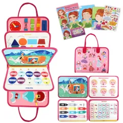 FlyCreat モンテッソーリ おもちゃ バッグ ビジーブック 幼児忙しいボード 姫 かわいいシール 108pcs ステッカー セット付き 男の子 女の子 指先の知育 布おもちゃ 布絵本 紐通し 紐結び ボタン練習 服の着り方 生活習慣育成 知育