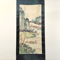 水墨画 風景画 山と川56.5 X118 cm - メルカリ