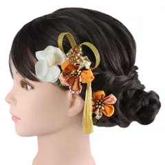 髪飾り 成人式 つまみ細工 ゴールド 振袖 前撮り 袴 花 黄色 橙色 白 ちりめん 房 組紐 ビーズ 和柄 小さい 2点セット 着物 和 No.9-5644