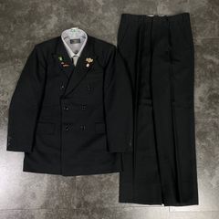 【JAPANESE VINTAGE】5点セット セレモニー ダブルスーツ セットアップ 上下 ブラック系×グレー 極上ウール 厚め 成人式 卒業式 結婚式（ユーロピンズ＆シャツ＆ネクタイ おまけ）No.45
