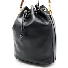 【良品】 OLD GUCCI オールドグッチ トートバッグ ハンドバッグ 巾着 バケツ型 バンブー ゴールド金具 ロゴ型押し カーフレザー レディース ブラック 黒色