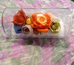 【#106】アーティフィシャルフラワー　フラワーアレンジメント　造花アレンジメント　クリアケース　薔薇　バラ　パール　プレゼント　エレガント
