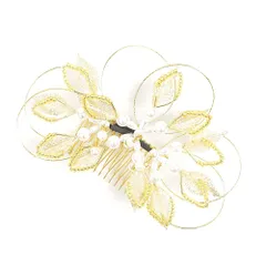 髪飾り コーム型 水引 ラインストーン パール ゴールド 白 キラキラ ラメ 下がり ゆらゆら リーフ 葉 小さい かんざし かわい No.9-3428