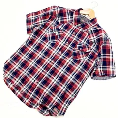 ディッキーズ DICKIES レッド ネイビー 細身 ワークカジュアル 半袖シャツ XLサイズ 【キレイめ♪】【古着系♪】■ED77