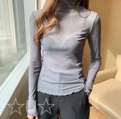シースルー シアー トップス 長袖 カットソー フリル ハイネック グレー