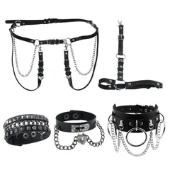 チョーカー ブレスレット ハーネスベルト 地雷系 ゴスロリ パンク系 5点セット コスプレ 衣装 小物 サブカル地雷 地雷 パンク スタッズ チョーカー レザー 首輪 鋲 とげ 3Way ブレスレット ブレスレッド 腕輪 ガーターベルト レッグハーネス
