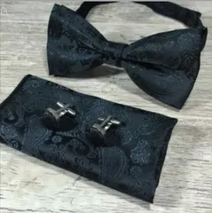 蝶ネクタイ チーフ　カフス　３点セット ペイズリー　ブラック　結婚式　イベント　パーティー　バーテンダー　ダンスパーティー　卒業式　入社式　入学式　父の日　格安　小物　セール　メンズネクタイ　ワンタッチ　ポケットチーフ　カフスボタン　3点