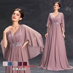 パーティードレス ロング丈 袖あり ドレープワンピース ウエストビジュー付き つけ袖ドレス ブルー ダークパープル ピンクベージュ ピンク S?2L ワインレッド  vii4w662805