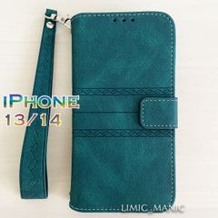 iPhone 14 / 13 スマホ ケース 手帳型 エスニック ショルダー 肩掛け 紐付き ストラップ レザー調 エメラルド グリーン
