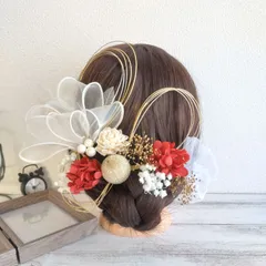 ヘッドドレス 髪飾り＊結婚式 成人式 卒業式 和装 打掛 振袖 袴~ホワイトボリュームリボン ダリア~レッド 赤 20本