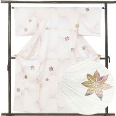 小紋 身丈158cm 裄65cm 前幅23cm 後幅28.5cm 袖丈45cm 袖幅32.5cm レディース 単衣 紅葉 裄Mサイズ 初夏・初秋用 正絹（シルク）ホワイト 美品 リメイク リユース リサイクル【呉服のきくや】