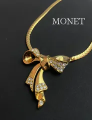 美品 1980s ヴィンテージ MONET モネ リボンモチーフ ラインストーンゴールドトーン ネックレス