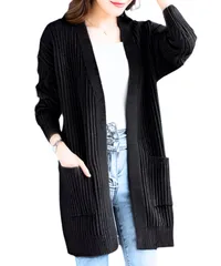 [Elixio] [エリクシオ] カーディガン ロングカーディガン ニット あったか 羽織り レディース ロング トップス モコモコ 厚手 Vネック 秋冬 冬 ミドル丈 リブ編み 体型カバー (JP, アルファベット, L, 黒) [ブラック] [L]
