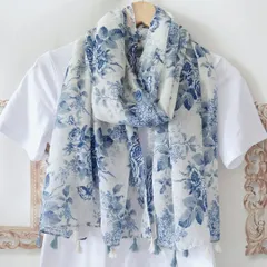 ブルーローズ 大判ストール 青花磁器風 花柄 ブルー×ホワイト ネイビー ローズ レトロ クラシカル 大判 ストール ショール 羽織り ひざ掛け 薄手 UVカット 春夏 秋冬 お出かけ デート 女子会 プレゼント ギフト 送料無料 即購入OK