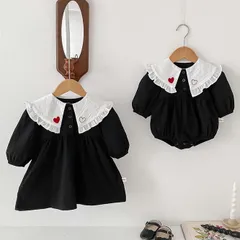 韓国 海外 輸入 赤ちゃん ベビー服 子ども キッズ ワンピース スカート ロンパース おしゃれ襟 レース ハート ブラック 長袖 フォーマル 結婚式 発表会 お宮参り 七五三 百日祝い 記念写真 お出掛け お祝い パーティー 70cm 75cm 80cm