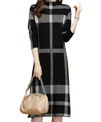 [Elixio] [エリクシオ] あったか ワンピース ニットワンピース チェック 柄 レディース 長袖 タイトスカート ミモレ丈 厚手 きれいめ 体型カバー 冬 大きいサイズ デート クリスマス (JP, アルファベット, M, ブラッ [ブラック] [M]