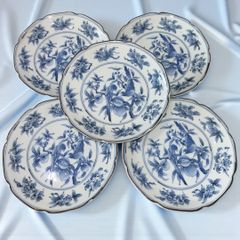 藍窯 和食器プレート藍染絵付け 果実花鳥紋5客  未使用 綺麗な中皿