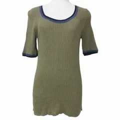 デミリー DEMYLEE リブニット 半袖 カットソー 薄手 ライン M カーキ ブルー IBO72 X