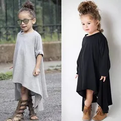 ワンピース キッズ 子供服 女の子 ロングTシャツ カットソー 90cm 100cm 120cm グレー ブラック かわいい 可愛い ジュニア カットソー トップス 変形 個性的 ロングT 長袖 韓国ファッション