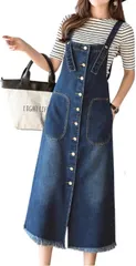 FAAMEE(フェイミー) オーバーオール スカート デニム つなぎ サロペット レディース 秋 ワンピース カジュアル おしゃれ 無地 ポケット( ブルー,  L)