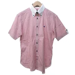 バーバリーブラックレーベル BURBERRY BLACK LABEL ストライプ シャツ 半袖 ボタンダウン ホースロゴ刺繍 赤 レッド 白 ホワイト 3 約L ■MET1