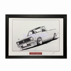 日産　サニトラ　鉛筆画　名車 旧車 ノスタルジックカー イラスト 絵画 デッサン 絵　A4サイズ   額付き 作者直筆サイン入り 車好き 男性 向け バースデー  退職祝い ギフト クリスマス プレゼント にも最適