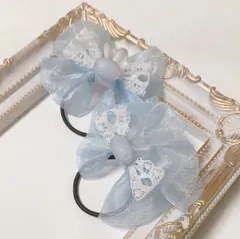 オーガンジー&レースリボン うさちゃん ヘアゴム ライトブルー