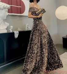 カラードレス カクテルドレス ロングドレス ゴールド系 スパンコール パーティードレス 発表会 演奏会 ステージドレス コンクール イブニングドレス 大人 フォマール オフショルダー 編み上げ 1274