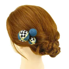 髪飾り 成人式 振袖 前撮り 袴 花 浴衣 夏祭り 花火大会 3点セット 青緑 ちりめん 玉飾り 格子 ヘアアクセ かんざし 新作 ヘッ No.9-3271